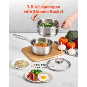 1.5 QT gryde med dampkoger, gryde i rustfrit stål med glaslåg
