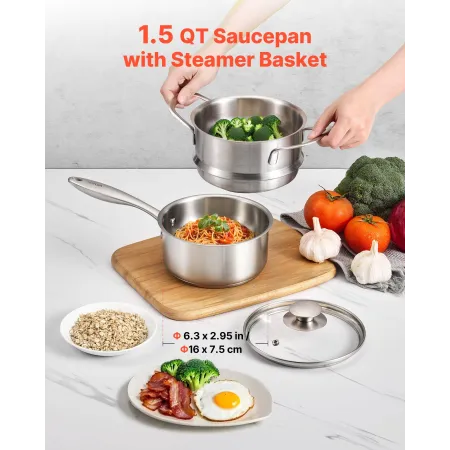 VEVOR 1.5 QT gryde med dampkoger, gryde i rustfrit stål med glaslåg, multifunktionel nonstick-sovsegryde i rustfrit stål