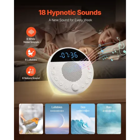 Sound Machine, 18 Soothing Sleep Sounds and 7-Color Night Light, 5-in-1 White Noise Sound Machine with Dual Alarms, Auto-Off Tim