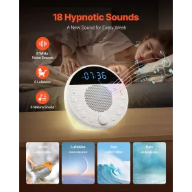VEVOR Sound Machine, 18 beroligende søvnlyde, 7-farvet natlys, 6-i-1 White Noise Sound Machine med dobbelte alarmer, APP, Auto