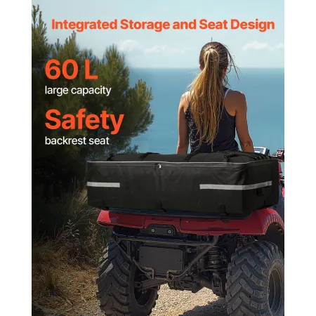 VEVOR ATV Rear Storage Bag, 60L ATV Rear Cargo Storage Bag with Backrest & Waterproof Cover, 600D Oxford Cloth Rear Seat Gear Ba