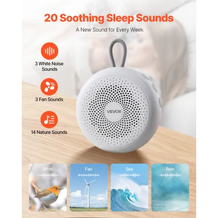 VEVOR Sound Machine, 20 Soothing Sleep Sounds, 4-in-1 Hangable White Noise Sound Machine with Auto-Off Timer, Soft Ring Light, M