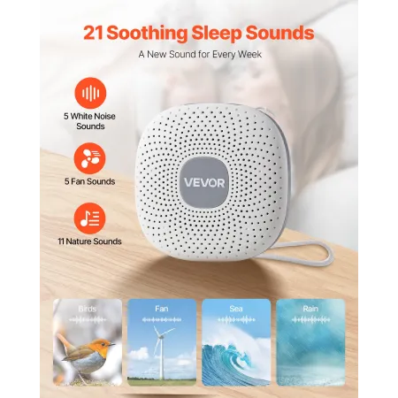 VEVOR Sound Machine, 21 Soothing Sleep Sounds, 3-in-1 Portable and Hangable White Noise Sound Machine with Auto-Off Timer, Soft 
