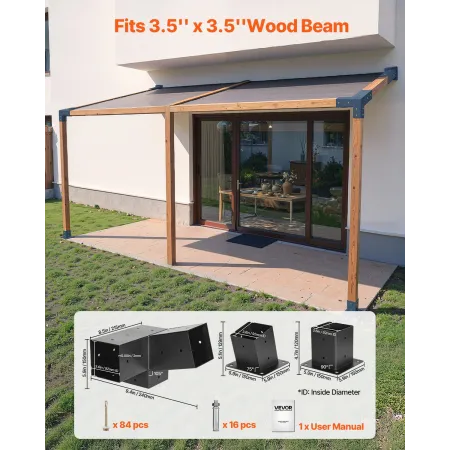 Pergola Kit, 4x4 Inch 3-Way Slanted Brackets for 92 x 92 mm Wood Beams in Actual Size, 2-Pack Pergola Brackets with 2 Post Bases