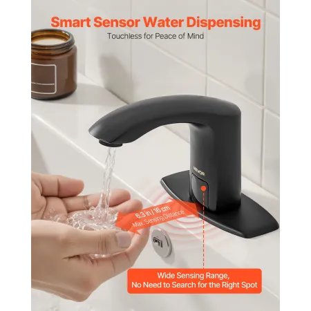 VEVOR Touchless Bathroom Sink Faucet, Automatic Motion Sensor Restroom Toilet Faucet with Hole Cover Plate, Battery Operated,Adj
