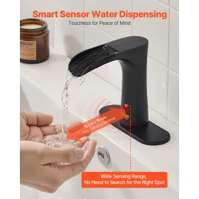Touchless Bathroom Sink Faucet, Automatic Motion Sensor Waterfall Restroom Toilet Faucet with Hole Cover Plate, Modern Electroni