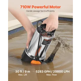 710W dyk sump pumpe, 20000 L/H, rustfrit stål dyk