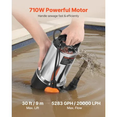 VEVOR 710W dyk sump pumpe, 20000 L/H, rustfrit stål dyk kloakvandspumpe til snavset rent vand med automatisk svømmer