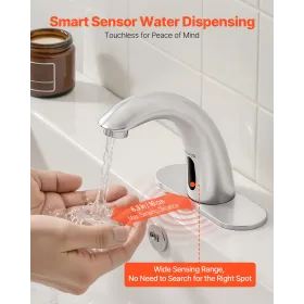 VEVOR Touchless Bathroom Sink Faucet, Automatic Motion Sensor Restroom Toilet Faucet with Hole Cover Plate, Battery Operated,Adj