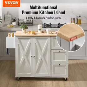 Kitchen Island Cart med solid træ top, 45,3 "Bredde mobile vogne med opbevaringsskab, rullende køkkenbord med krydderi rack,