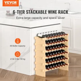 48 flaske stabelbar modulær vin rack bambus træ display hylde 6-lags