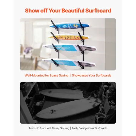 VEVOR Surfboard Wall Mount, 4 Tiers Horizontal Surfboard Rack for Storage and Display, Adjustable Height Metal Board Stand Organ