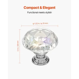 VEVOR skabsknopper, 12-pak, 31 mm akryl- og zinklegeringsskuffe trækker dørhåndtag, Diamond Kitchen Solid Knobs Kommodehåndtag,