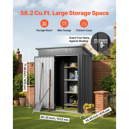 VEVOR 1533 x 876 x 1815 mm Metal Garden Shed, Storage Building with Lockable Door & 2 Louver Vents, Sloped Roof Metal Outdoor St