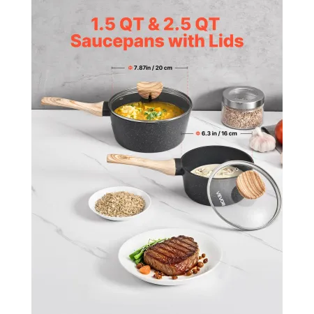 grydesæt, 1,5 QT & 2,5 QT nonstick-gryde med glaslåg