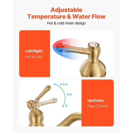 VEVOR Single Handle Sink Faucet, Solid Brass Single Handle Kitchen Faucet, 1 or 3 Hole Kitchen Faucets with Push-Button Drain, S