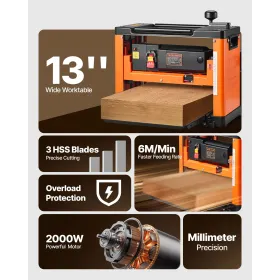 VEVOR Thickness Planer, Three-Blade, 330 mm Width Worktable Power Benchtop Planer, 2000W 23500 RPM Powerful Motor, Dual Rollers,