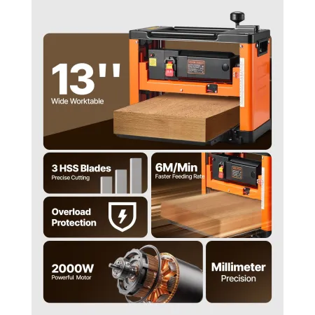 VEVOR Thickness Planer, Three-Blade, 330 mm Width Worktable Power Benchtop Planer, 2000W 23500 RPM Powerful Motor, Dual Rollers,