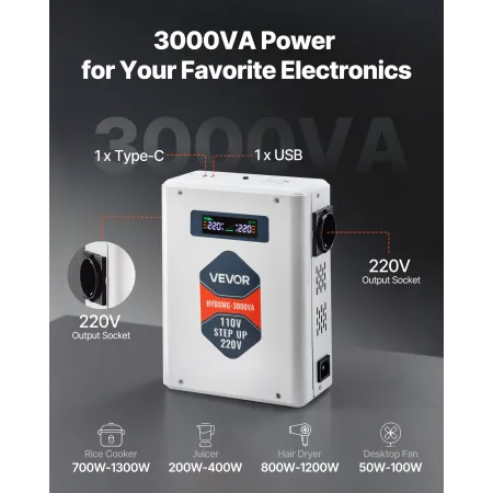 VEVOR Step Up Voltage Converter, 3000VA, Heavy Duty Voltage Power Converter, 110V to 220V Power Transformer, with 2 EU Outlets, 