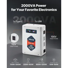 Step Down Voltage Converter, 2000VA, Heavy Duty Voltage Power Converter, 220V to 110V Power Transformer, with 2 US Outlets, USB 