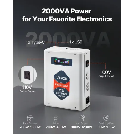 Step Down Voltage Converter, 2000VA, Heavy Duty Voltage Power Converter, 220V to 110V Power Transformer, with 2 US Outlets, USB 