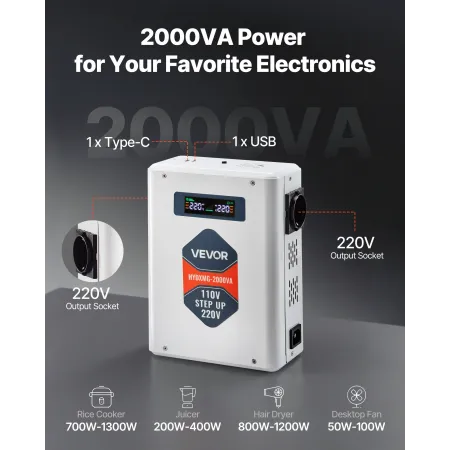 VEVOR Step Up Voltage Converter, 2000VA, Heavy Duty Voltage Power Converter, 110V til 220V Power Transformer, med 2 EU-udtag,