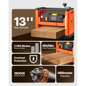 VEVOR Thickness Planer, Two-Blade, 330 mm Width Worktable Power Benchtop Planer, 1800W 23500 RPM Powerful Motor, Dual Rollers, O
