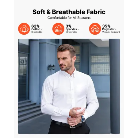 VEVOR Men's Button Up Shirt, Mens Long Sleeve Wrinkle-free Button Down Dress Shirts, Slim Fit Soft Stretch Fabric for Business C