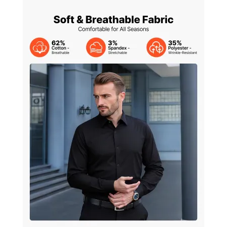 VEVOR Button Up-skjorte til mænd, Langærmede, rynkefri Button Down-kjoleskjorter til mænd, Slim Fit, blødt strækstof til