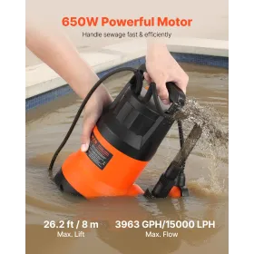 VEVOR 650W dykpumpe, 15000 L/H, PP-GF20 dykpumpe til snavset rent vand til kloakvand med automatisk svømmerafbryder, lang