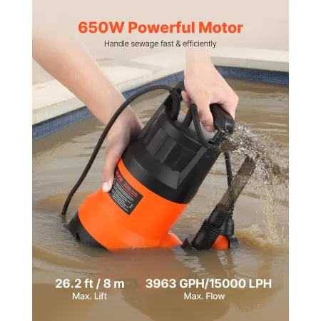 VEVOR 650W Submersible Sump Pump, 15000 L/H, PP-GF20 Submersible Sewage Dirty Clean Water Pump with Automatic Float Switch, Long