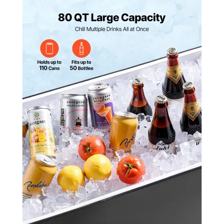 VEVOR 75.71 L Rolling Ice Chest Cart, with 2-Stage Telescopic Pull Handle and 2 Swivel Casters, Portable Table Beach Patio Party