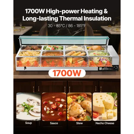 VEVOR kommerciel madvarmer, 1700 W elektrisk dampvarmer i rustfrit stål med glasdæksel, 8-pandes bordplade Buffet Bain Ma