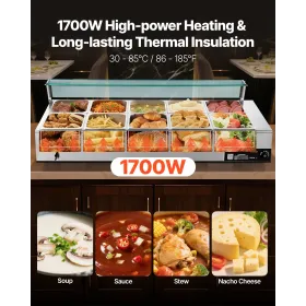 Commercial Food Warmer, 1700W Electric Stainless Steel Steam Food Warmer with Glass Cover, 10-Pan Countertop Buffet Bain Marie w