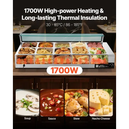 Commercial Food Warmer, 1700W Electric Stainless Steel Steam Food Warmer with Glass Cover, 10-Pan Countertop Buffet Bain Marie w