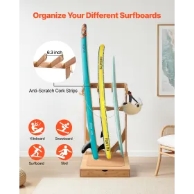Vertical Surfboard Stand, 3 Tiers Wooden Surfboard Rack for Storage and Display, Freestanding Board Stand Organizer with Hanging