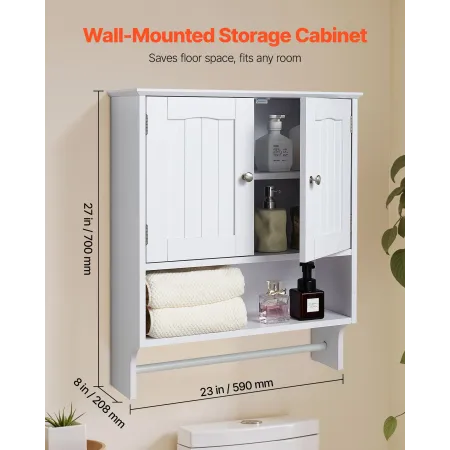 VEVOR Bathroom Wall Cabinet, 2 Doors and Adjustable Shelf, Over the Toilet Storage Medicine Cabinet Wall Mounted, Hanging Organi