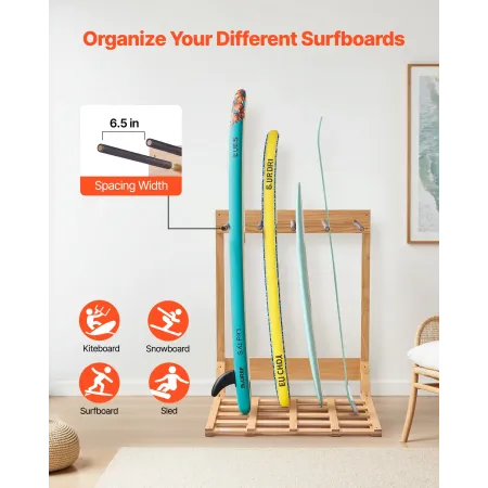 Vertical Surfboard Stand, 4 Tiers Wooden Surfboard Rack for Storage and Display, Freestanding Board Stand Organizer, Surf Board 