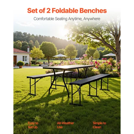 VEVOR Plastic Folding Bench, 6 ft Portable Bench for Outdoor Picnic Party Camping Dining, Foldable Smooth HDPE Seat for Garden S
