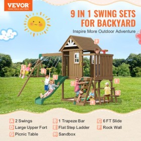 Wooden Swing Set 9 IN 1 Outdoor Playground Sets 6 FT Slide Upper Fort