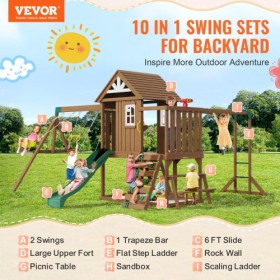 Wooden Swing Set 10 IN 1 Outdoor Playground Sets 6 FT Slide Upper Fort