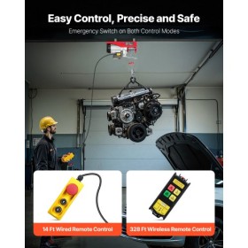 Electric Hoist Crane Winch 2200 lbs 328 ft Wireless & 14 ft Wired Remote