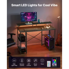 120 cm Computer Desk with Smart LED Lights and Power Outlets, Reversible Gaming Office Desk with Monitor Stand and 2-Tier Storag