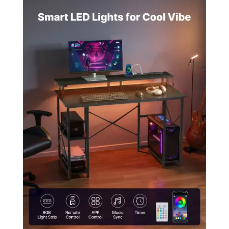 120 cm Computer Desk with Smart LED Lights and Power Outlets, Reversible Gaming Office Desk with Monitor Stand and 2-Tier Storag