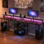 120 cm Computer Desk with Smart LED Lights and Power Outlets, Reversible Gaming Office Desk with Monitor Stand and 2-Tier Storag