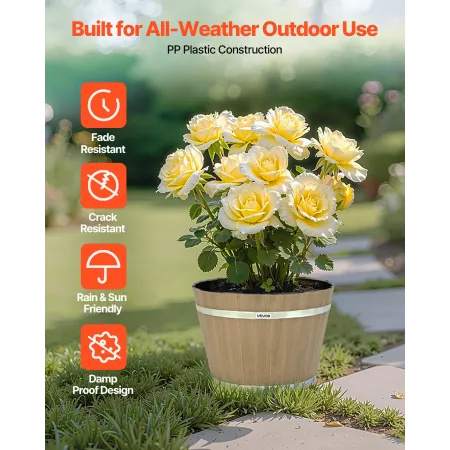 VEVOR Plant Pots, 4 Pack 300 mm Whiskey Barrel Planters with Drainage Holes, Large Outside Plastic Decoration Flower Pot Imitati