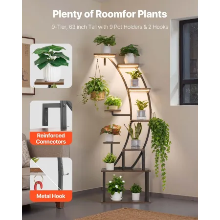 VEVOR Plantestativ indendørs med vækstlys, 160 cm høj 9-trins plantehylde med lys, metal hjørneplanteholder, 3 timer og 10 brigh