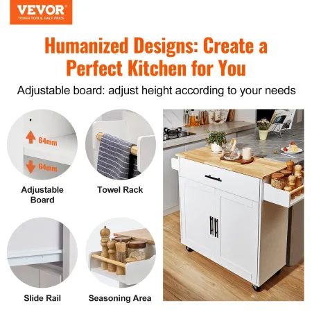 Kitchen Island Cart med solid træ top, 35,4 "bredde mobile