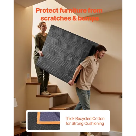 VEVOR Moving Blankets 6 Pcs, 1829 x 1016 mm (14.5 kg/dz) Large Packing Blankets with Cotton Filling, Heavy Duty Nonwoven Fabric 