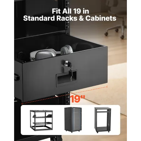 4U Rack Mount Drawer, 22.68 kg Max Load-Bearing, Lockable Server Cabinet Case, Sliding Drawer with Lock and Cable Management Hol